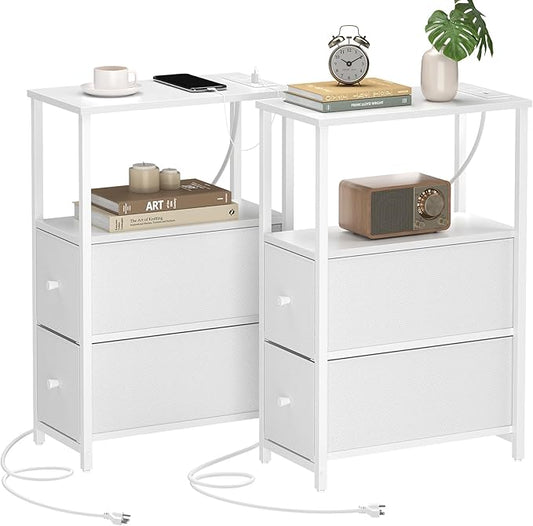 TUTOTAK Small Narrow End Table with Charging Station, Set of 2, Side Table with Outlets, Nightstand with 2 Cloth Drawers, Couch Table, for Living Room, Bedroom, Bedside, White TB01BW055