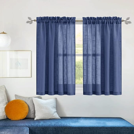 RYB Home Linen Sheer Curtains - Linen Textured Wave Semi Sheer Curtains Light & Airy for Bedroom Bathroom Kitchen Window Decor, Navy Blue, Wide 52 x Length 45 inch, 2 Panels