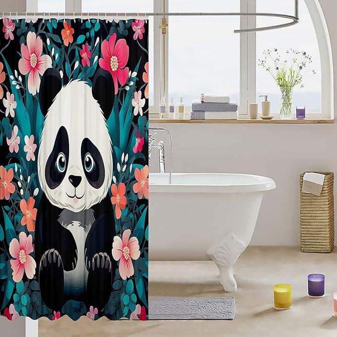 Feelyou Panda Fabric Shower Curtain Cute Panda Shower Curtain for Boys Girls Cartoon Bathroom Waterproof Accessories with 12 Hooks Flower Pattern Curtains,72x78 Inches