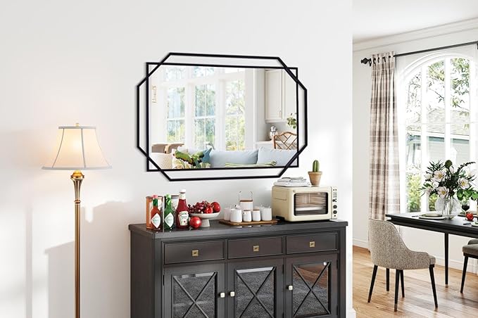 Large Decorative Bathroom Mirror for Wall with Metal Frame, Black Hanging Mirror for Wall, Living Room, Dining Room, Entryway (48.5"x32.5")