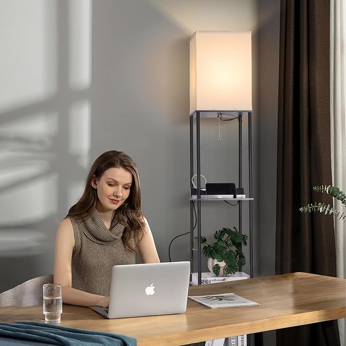 Floor Lamp with Shelves, with 2 USB Ports and Power Outlet Modern Square Standing Lamp with 3 Color Temperature Bulb, Corner Display Bookshelf Lamp for Living Room, Bedroom and Office (black-9DY)