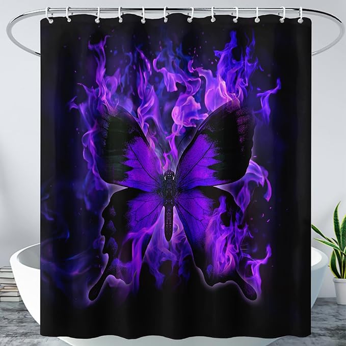 AILONEN Butterfly Shower Curtain for Bathroom, Purple Fire Butterfly Bath Curtain,Minimalism Fashion Bathroom Curtain,72" W*84" H Polyester Waterproof with 12 Plastic Hooks