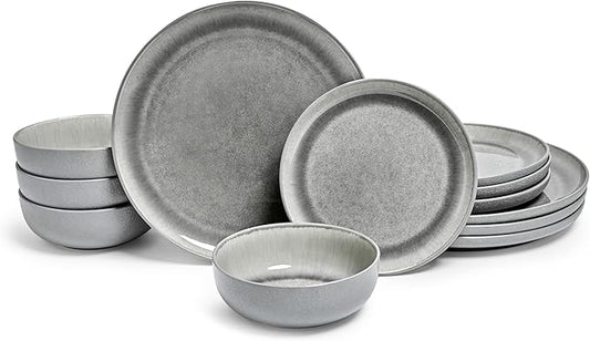 Sango Asher 12-Piece Stoneware Dinnerware Set – Service for 4, Modern Gray with Reactive Glaze, Perfect for Everyday Dining & Entertainment, Microwave & Dishwasher Safe