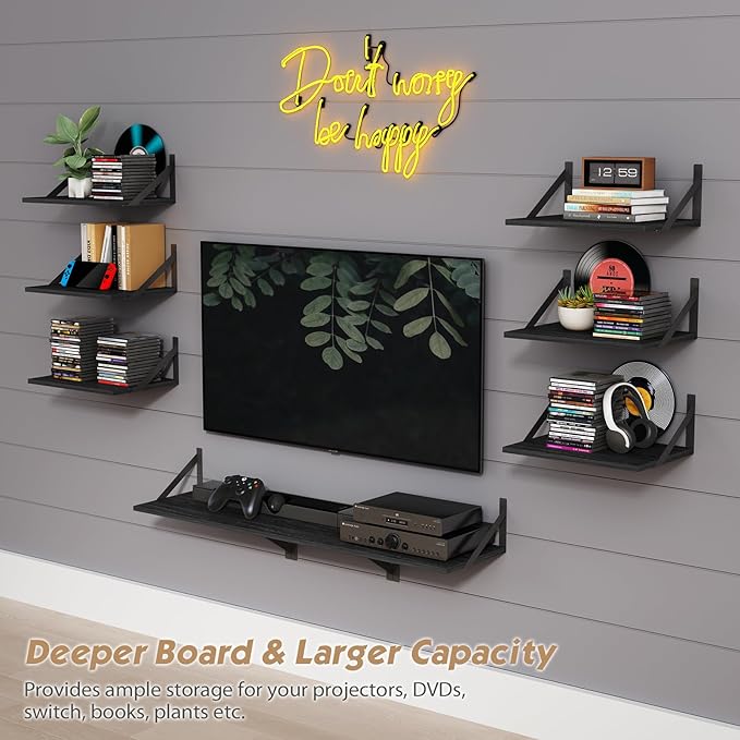 Forbena Deep Floating Shelves for Wall Set of 3, 12 Inch Deep Wall Shelves for Bedroom Office Bathroom Towels, Large Storage Shelves for Closet Clothes Living Room TV Kitchen Corner Legos Cats (Black)