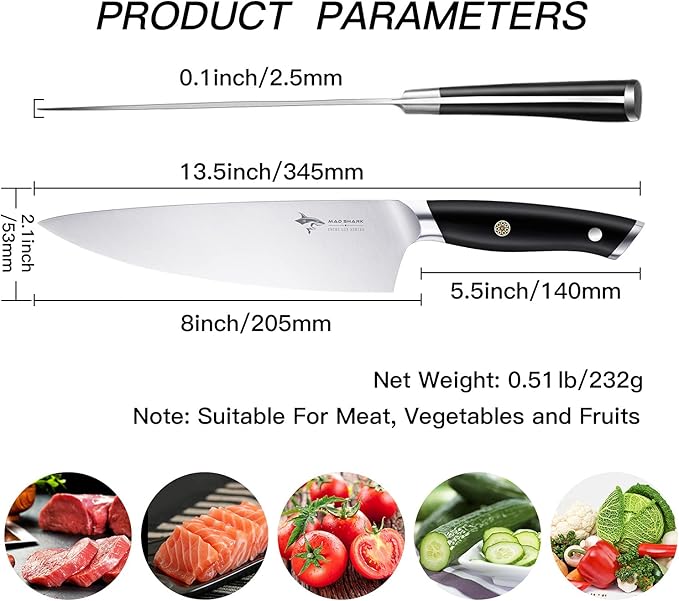 MAD SHARK Chef Knife, Professional 8 inch Ultra Sharp Kitchen Knife, German High Carbon Stainless Steel Knife, Ergonomic Handle Cooking Knife with Gift Box