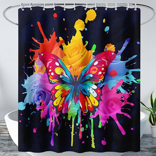AILONEN Butterfly Shower Curtain for Bathroom, 3D Oil Painting Butterfly Bath Curtain,Colorful Butterfly Rose Flower Decoration Waterproof Black Curtain with 12 Plastic Hooks, 60" W*72" H