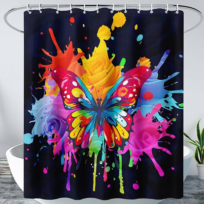 AILONEN Butterfly Shower Curtain for Bathroom, 3D Oil Painting Butterfly Bath Curtain,Colorful Butterfly Rose Flower Decoration Waterproof Black Curtain with 12 Plastic Hooks, 72" W*78" H