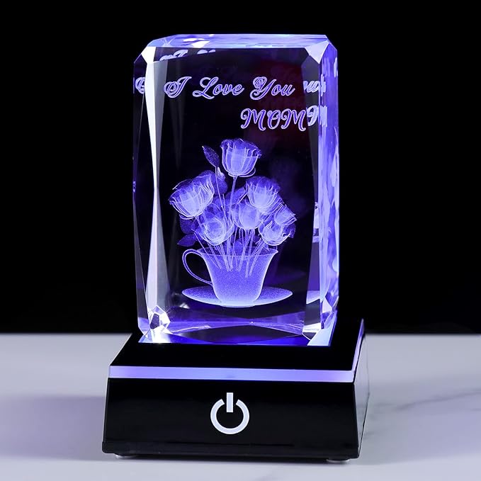 Movdyka 3D Crystal Rose Flower Figurine I Love You Mom Gifts for Her, Birthday Unique Gift for Mom from Daughter or Son with Light Base