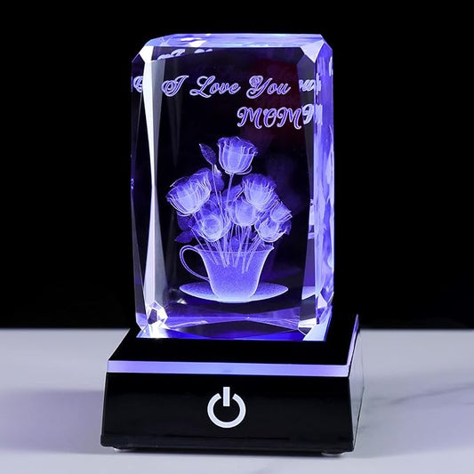 Movdyka 3D Crystal Rose Flower Figurine I Love You Mom Gifts for Her, Birthday Unique Gift for Mom from Daughter or Son with Light Base