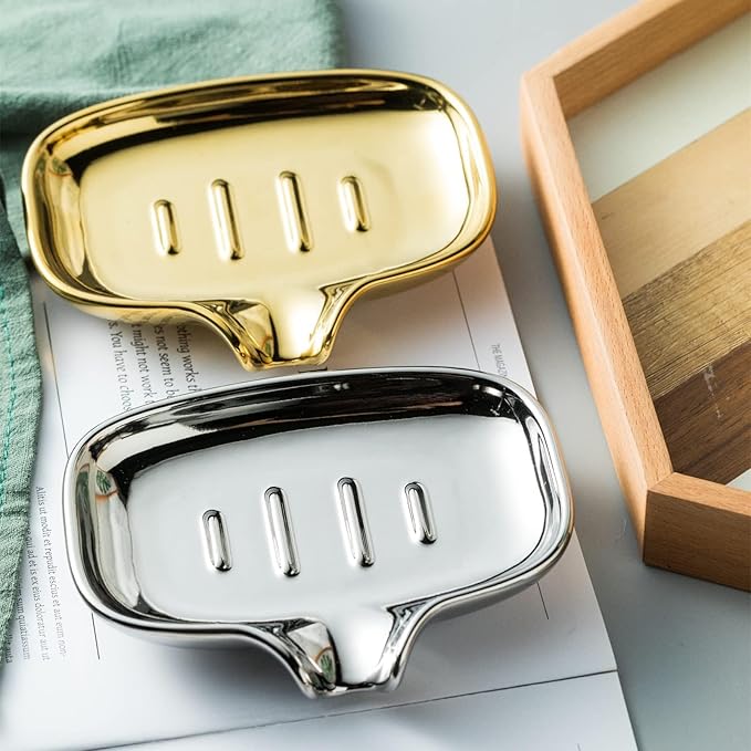 Multi-Color Ceramic Soap Dish for Kitchen or Bathroom, Easy to Clean, Self Draining Soap Holder, Keeps Soap Dry (Gold)
