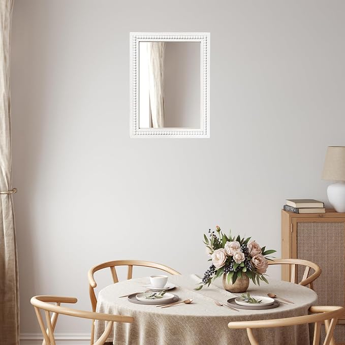 White Wood Beaded Frame Wall Mount Mirror, 12 x 16 Inches Modern Farmhouse Real Glass Horizontal/Vertical Hanging Mirror for Bathroom, Living Room, Entryway