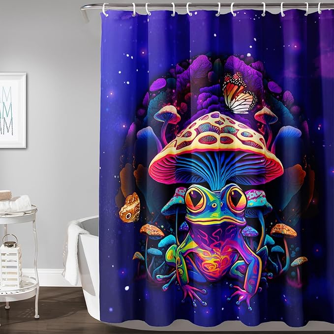 AILONEN Colorful Frog Shower Curtains,Poisonous Mushroom Printed Bath Curtains for Kids,Purple Polyester Waterproof for Bathroom,72" W*72" H with 12 Plastic Hooks