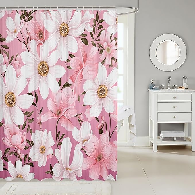 Feelyou Flower Fabric Shower Curtain for Kids Boys Girls Pink Floral Bathroom Waterproof Accessories with 12 Hooks Flower Botanical Shower Curtain Nature Plants Curtains,72x72 Inches