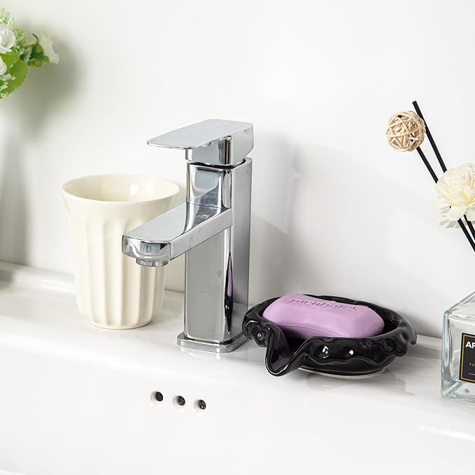 Ceramic Soap Dishes with Drain Spout, Modern Bathroom Countertop Soap Holder, Porcelain Soap Tray for Sink. Cream White.