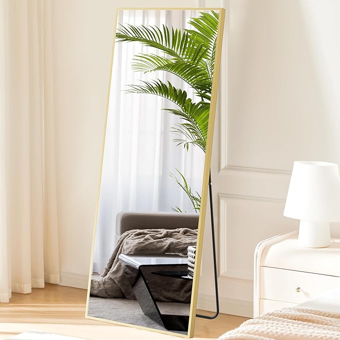 Sweetcrispy 64"x21" Full Length Mirror Full Body Floor Mirror Standing Hanging or Leaning Wall, Wall Mirror with Stand Aluminum Alloy Thin Frame for Bedroom Cloakroom,Gold