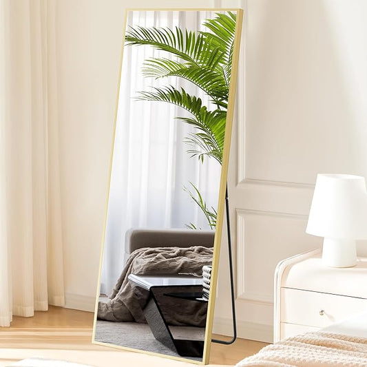 Sweetcrispy 64"x21" Full Length Mirror Full Body Floor Mirror Standing Hanging or Leaning Wall, Wall Mirror with Stand Aluminum Alloy Thin Frame for Bedroom Cloakroom,Gold