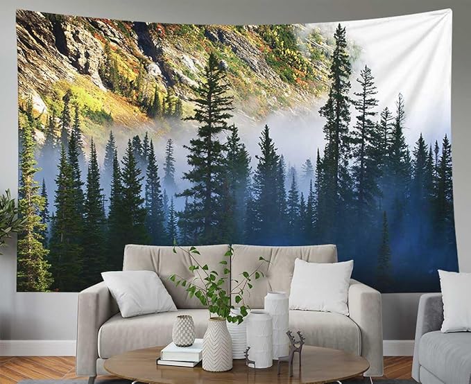 EMMTEEY Landscape Tapestry Wall Art - Fog and Pine Tree on Rugged Mountainside - 80x60cm
