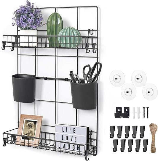 Floating Shelves Wall Organizer - 2-Tier Modular Grid Baskets Shelf Multi-Purpose Wall Mount Cups Holders No Drill Adhesive Hanging Accessories for Dorm Room Bedside Office RV Vanity Storage (Black)