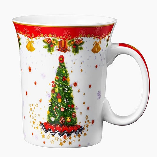 Winter Tree & Stars Festive Mug - Ceramic Microwave & Dishwasher Safe - 10.5oz Winter Mugs for Coffee, Hot Chocolate, Eggnog - Merry Winter - Elf & Santa Design - Red & Green Great Gift!