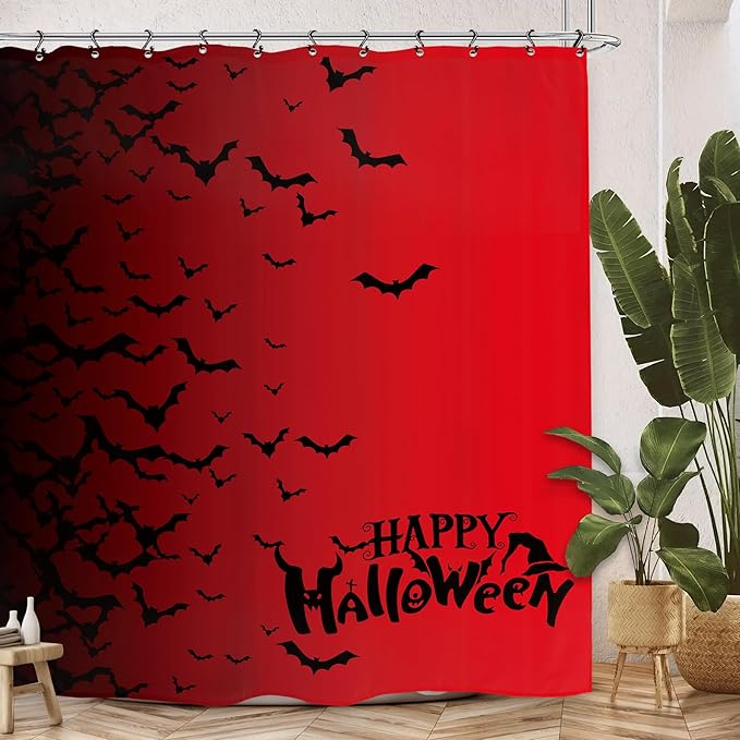 Halloween Bat Shower Curtain 60Wx72L Inch Black Red Horror Scary Spooky Ombre Holiday Bathroom Set Accessories Decor with 12 Pack Hooks
