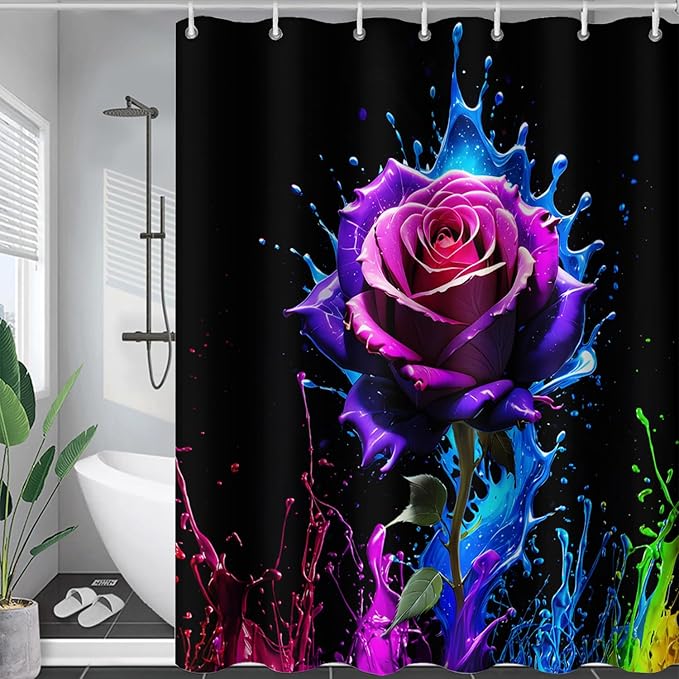 AILONEN Purple Rose Flower Shower Curtain for Bathroom,Splash-Ink Rose Bath Curtain for Kids Girls Women,Romantic Minimalism Curtain Waterproof with 12 Plastic Hooks, 48" W*72" H