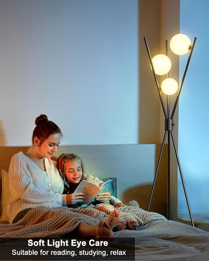 3 Globe Dimmable Tripod Floor Lamp, Mid Century Standing Lamps with 3Pcs 3000K Bulbs Included, Modern Tall Lamp for Living Room Bedroom Office-Black