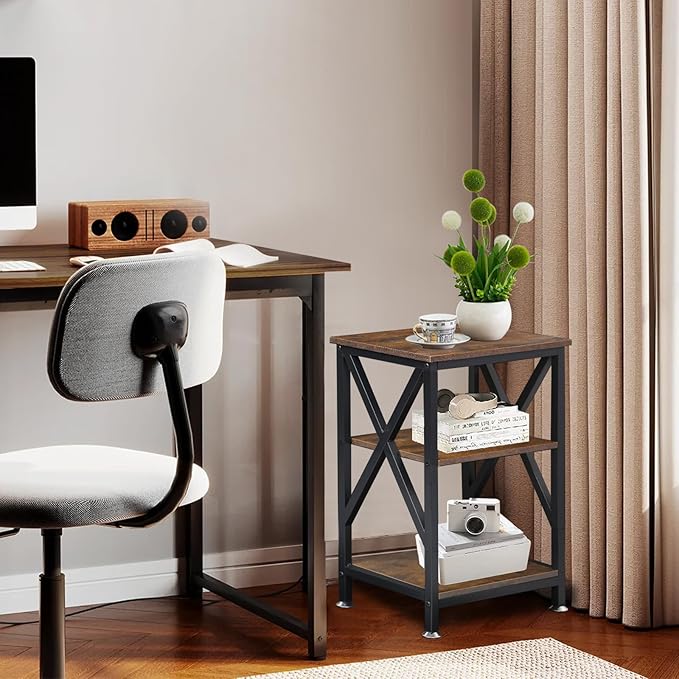 End Tables with Storage Shelf, 12" D x 16" W x 24" H, Small Side Table 3-Tier, End Tables Living Room Farmhouse, X-Shaped Night Stands for Bedrooms Bedside Tables
