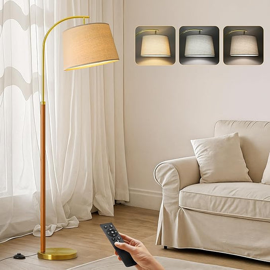 62.5" Gold Floor Lamp for Living Room Dimmable Standing Lamp with Remote & Foot Switch, 3 Color Temperatures Arc Tall Lamp Wood Mid Century Modern Floor Lamps for Bedroom Office, 9W Bulb Included
