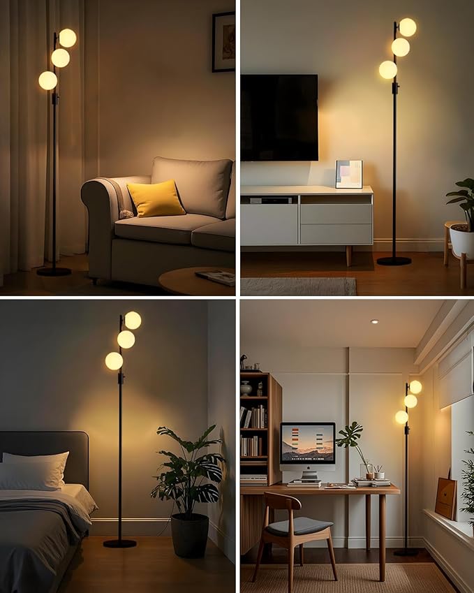 64IN Dimmable Black Floor Lamp, Tall Standing Lamps with 3 Globe Soft Warm White Eye Care 3000K G9 Bulbs, Mid Century Modern Floor Lamp for Living Room Bedroom Office