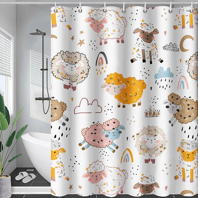 AILONEN Cute Sheep Kids Shower Curtain for Bathroom,Sheep Moon Clouds Kids Creative Rainbow Waterproof Bath Curtain,Modern Minimalist White Curtain with 12 Plastic Hooks(48" W*72" H)