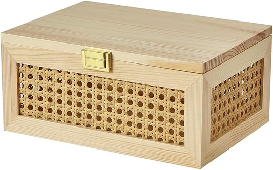 Decorative Rattan Storage Boxes Solid Wood Woven Baskets Bins with Lid Keepsake Memory Jewelry Box Natural Boho Shelf Wicker Closet Desk Organizer Container (Light Wood, Large Size)