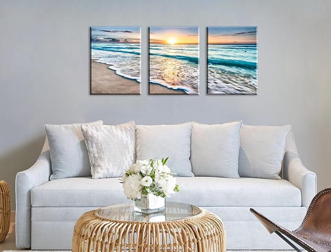 3Pcs Ocean Decor - Modern Beach Bathroom Decor Wall Art for Living Room Beach Decorations for Home Pictures Bedroom Canvas Seascape Paintings Deep Blue Sea Wave Sunset Framed
