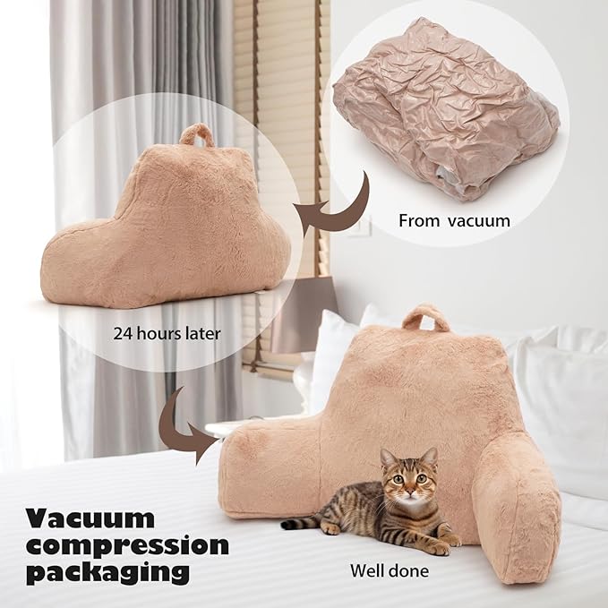 Reading Pillow for Sitting in Bed Adult, Standard Reading Pillow with Memory Foam, Back Pillow for Bed Sitting Up with Extend Arms, Bed Reading Pillow, Camel