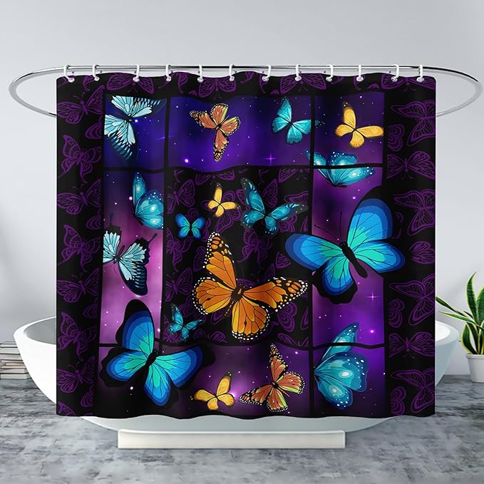 AILONEN Colorful Butterfly Shower Curtain,Animal Shower Curtain 72" W*72" H for Bathroom Decor,Mystic Purple Galaxy Butterfly Modern Shower Curtain Waterproof Bath Curtain with Grommets and 12 Hooks