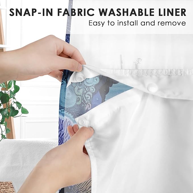 Turtle Navy Blue No Hook Shower Curtain with Snap in Liner, Sea Shells Coral Bath Curtain with Double Layers Waterproof Fabric and Mesh Top Window 71x74 Inch