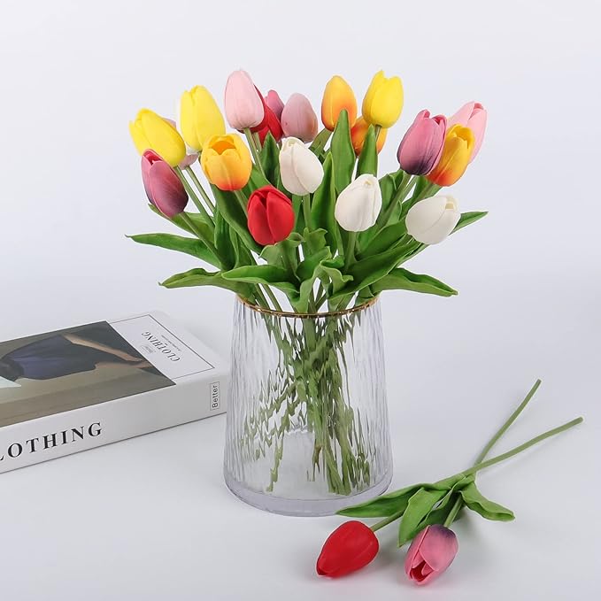 Beferr 18Pcs Tulips Artificial Flowers Faux Tulip Real Touch Tulip Fake Flowers Bouquets Arrangements for Mothers Day Spring Easter Wedding Home Table Decor
