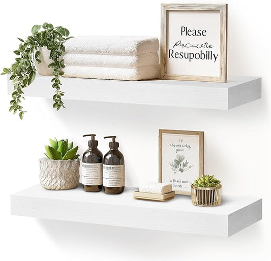 17x8x1.6 inch Floating Shelves Set of 2 – Solid Wood Rustic White Wall Mounted Shelf for Kitchen, Bathroom, Living Room