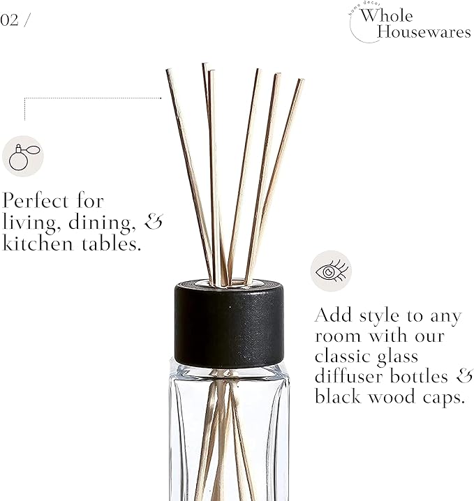 WHOLE HOUSEWARES Natural Diffuser Reeds Bottles Sticks | Clear Glass Home Décor for Kitchen and Living Room | Black Wood Caps | Décorative Fragrance Set with Long Lasting Aroma - Set of 4