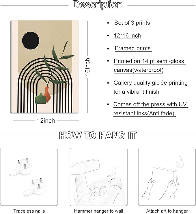Boho Wall Art painting Set of 3, Mid Century Modern Wall Art, Boho Room Decor, Neutral Abstract Geometric Prints Black Beige Botanical Framed Canvas Print Wall Art Ready to Hang for Living Room 12x16inch