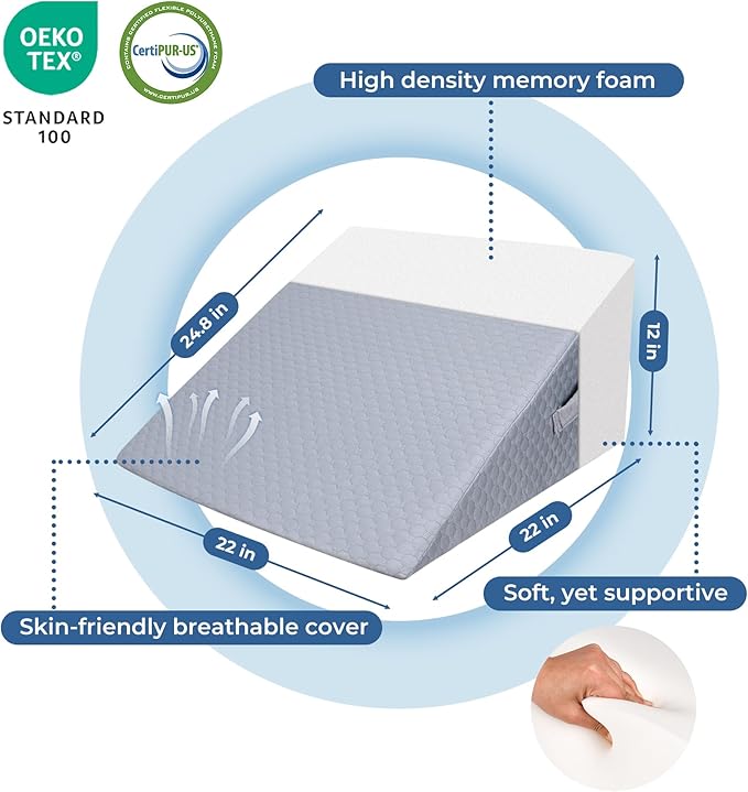 COOLBEBE Bed Wedge Pillow for Sleeping, Elevated Wedge Pillow for Sleep Apnea with Air Layer Washable Cover, 12Inch Foam Wedge Triangle Pillow for Acid Reflux, Gerd, Snoring and After Surgery