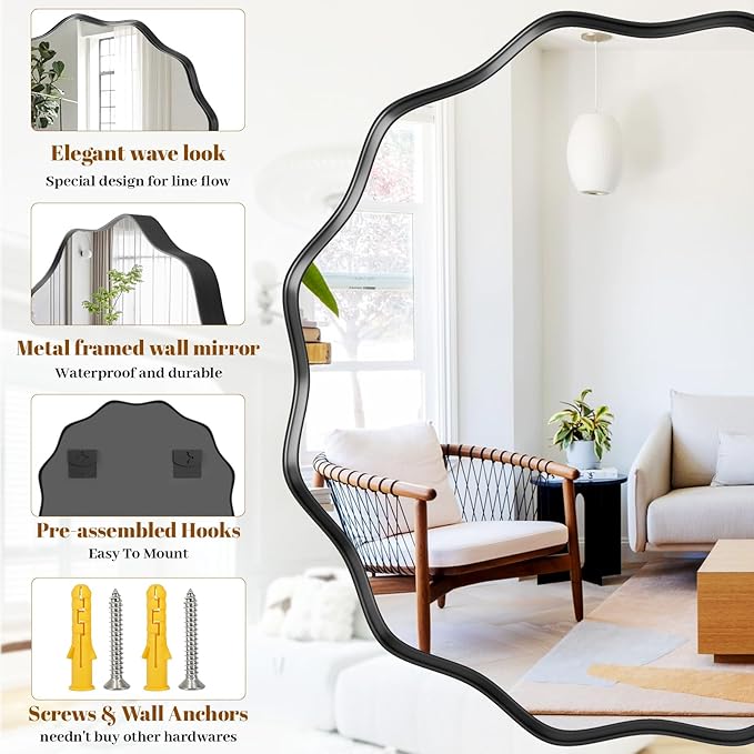 Round Wavy Mirror, 42 Inch Metal Frame Circle Mirror, Round Wall Mounted for Entryway, Bathroom, Vanity, Living Room, Black