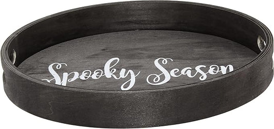 Elegant Designs HG2013-BKS Decorative 13.75" Round Wood Serving Tray w/Handles, Black Wash Spooky Season
