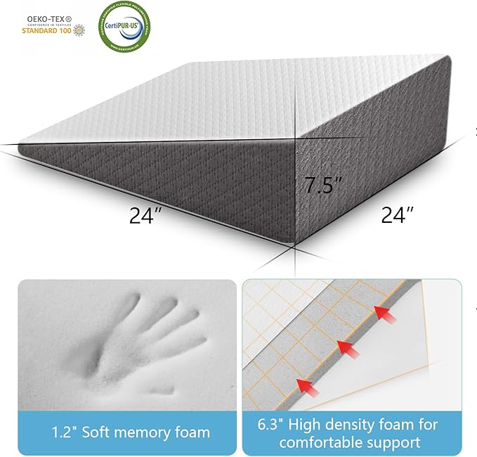 Wedge Pillow for Sleeping, 7.5 Inch Bed Wedge Pillow for Headboard, Wedge Pillow for Acid Reflux, After Surgery, Snoring, Cooling Memory Foam Top Triangle Pillow Wedge, Removable Cover