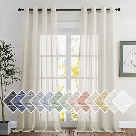 NICETOWN Linen Sheer Curtains 90 inch Length for Living Room, Privacy Semi Sheer Curtains Linen Weave Privacy Drapes with Light Filtering for Bedroom/Hall, Natural, W52 x L90, 1 Pair