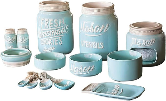 Mason Jar Ceramic Set - Cooking Utensils Set with Ceramic Jar, Measuring Cups & Spoons, Utensil Holder for Stove, and Sponge Holder Ceramic - Vintage Utensil Rest & Condiment Shakers (Blue, 17-Pieces)
