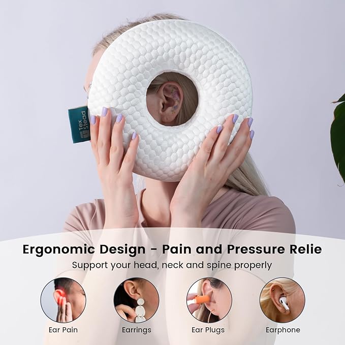 Ear Pillow with Ear Piercing for Side Sleeping, Ear Hole Memory Foam Cooling Pillows for CNH and Ear Pain Ear Inflammation Pressure Sores, Travel, White