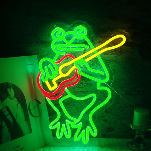 Frog With Guitar Neon Sign for Wall Decor Frog Led Wall Art for Live Music Concert Room Decor Guitar Lamp for Man Cave Decorations Gifts 16.4"×12.8"