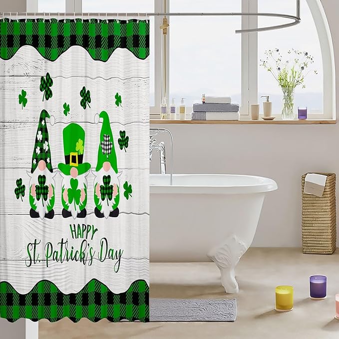 St. Patrick's Day Kids Shower Curtains,Cartoon Gnomes Leaves Irish Holiday Bathroom Curtains for Girls Boys,Geometric Grids Patchwork Green Cute Waterproof Curtains,12 Hooks Suits,72"W x 72"L