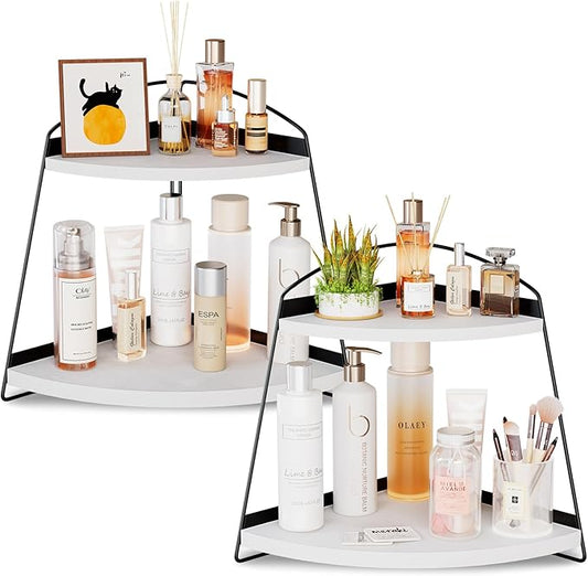 Puricon Bathroom Counter Organizer, 2 Tier Corner Countertop Storage Shelf Bathroom Sink Organizer, Wood Triangle Bathroom Organization for Skincare Kitchen Vanitity -White, 2 Pack