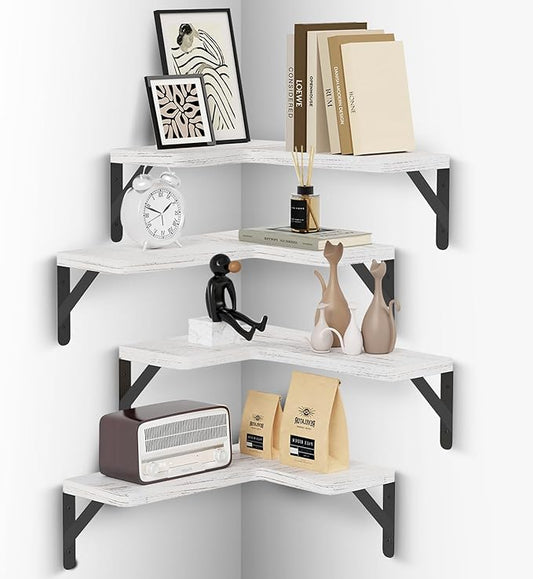 Muzilife Corner Floating Shelves Wooden Floating Shelve Set of 4, Wall Mounted for Storage, L-Shaped Shelves for Wall Decor Wall Organizer for Bedroom, Bathroom, Kitchen, Living Room and Office, White